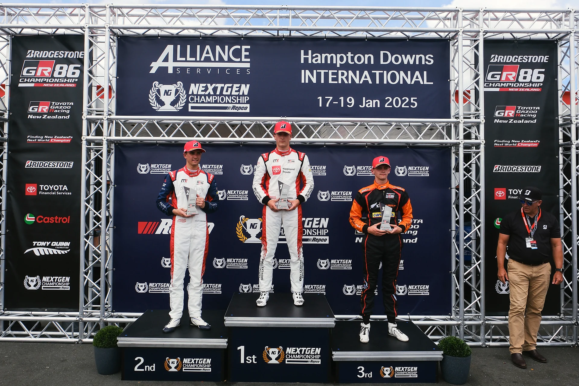Cameron Hill on the top step of the NextGen Championship podium at Hampton Downs, January 2025