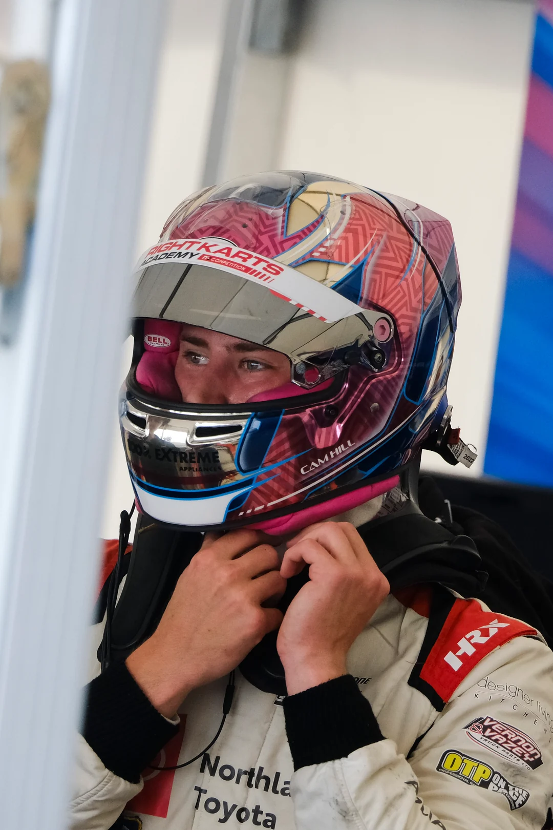 Cameron Hill in helmet before a race